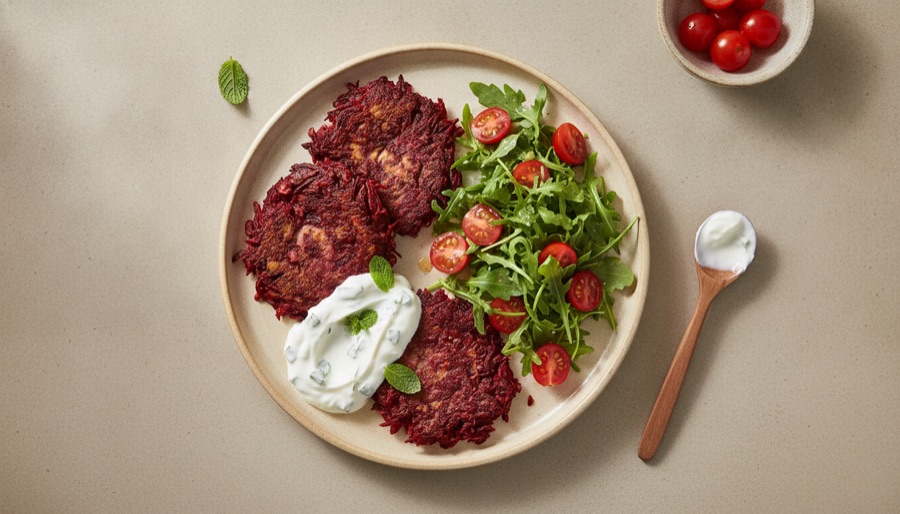 Beet Latkes with Mint Yogurt and Arugula Salad