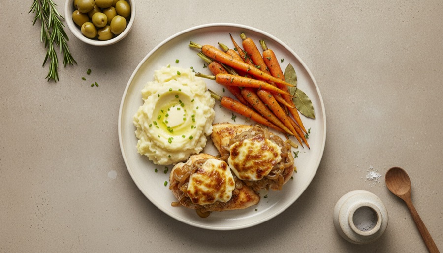 French Onion Chicken with Roasted Carrots & Mashed Potatoes