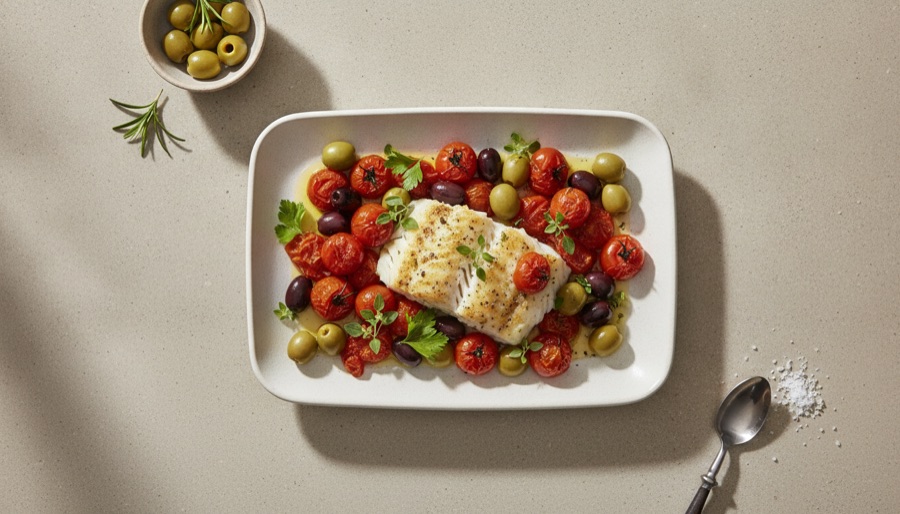 Sheet Pan Cod with Roasted Cherry Tomatoes and Olives