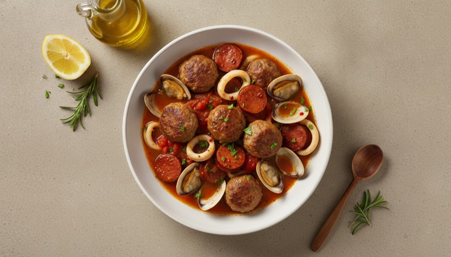 Spanish Meatballs with Clams, Chorizo & Squid