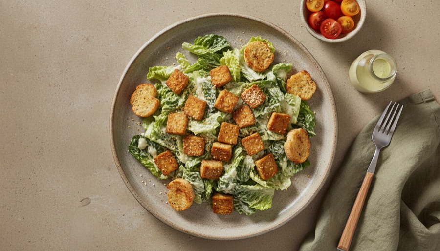 Tempeh Caesar Salad with Croutons
