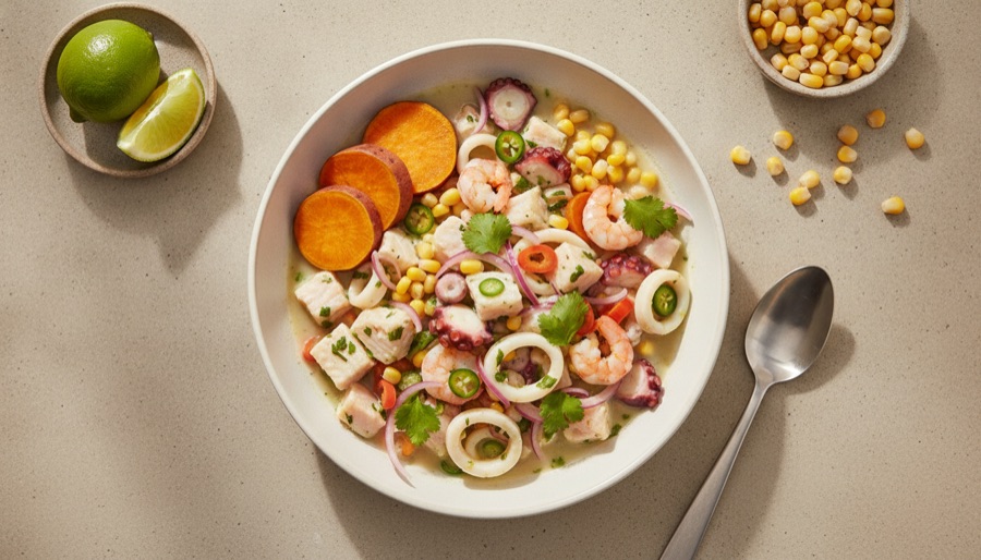 Ceviche Mixto with Sweet Potato and Corn