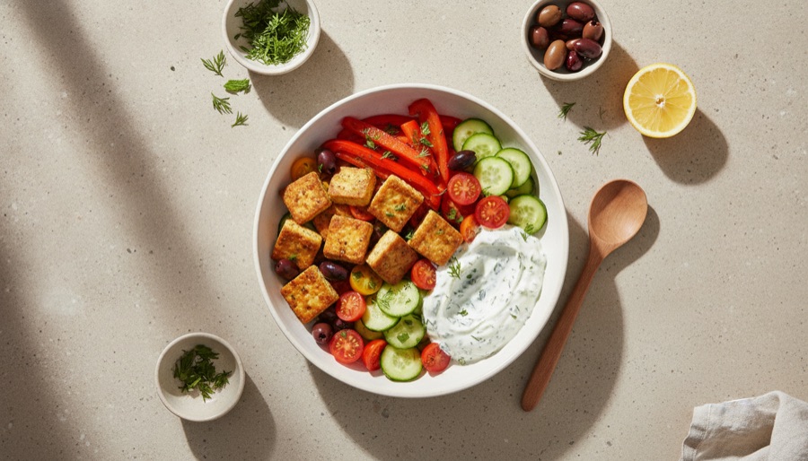 Mediterranean Tempeh Bowls with Tzatziki