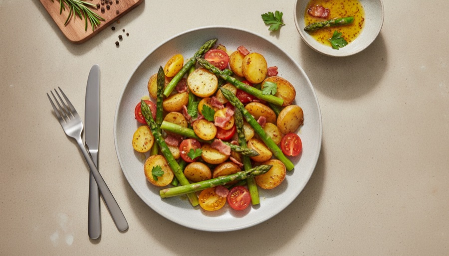 Warm Roast Asparagus Salad with Bacon and Potatoes