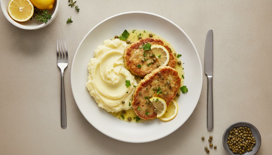 Tempeh Piccata with Mashed Potatoes