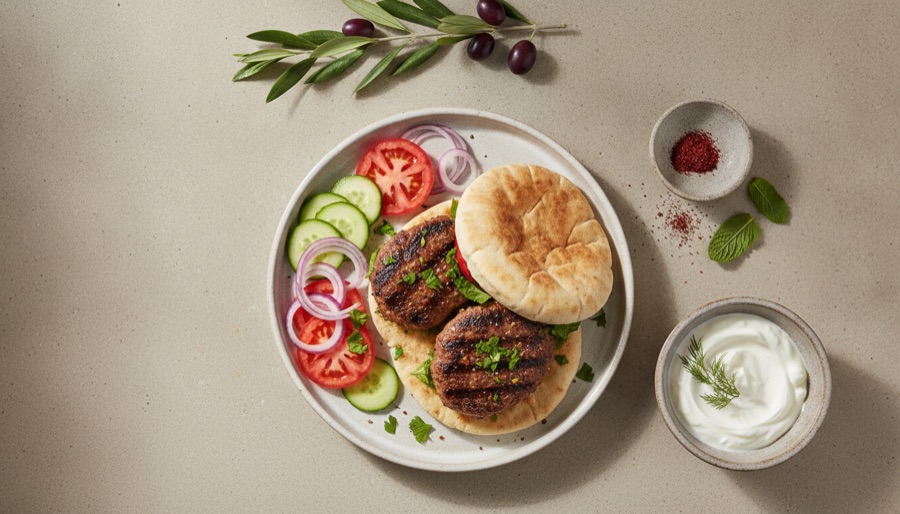 Kofta Burgers with Pita and Yogurt Sauce