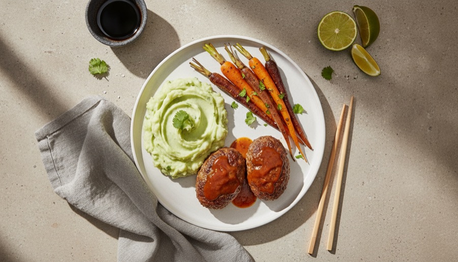 Soy-Glazed Meatloaves with Wasabi Mashed Potatoes & Roasted Carrots