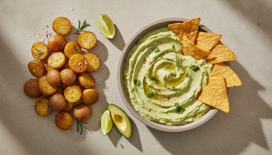 Avocado Dip with Roasted New Potatoes
