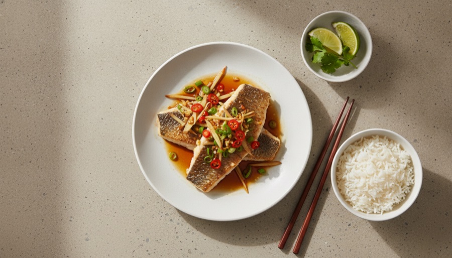 Sea Bass with Sizzled Ginger, Chili & Green onions