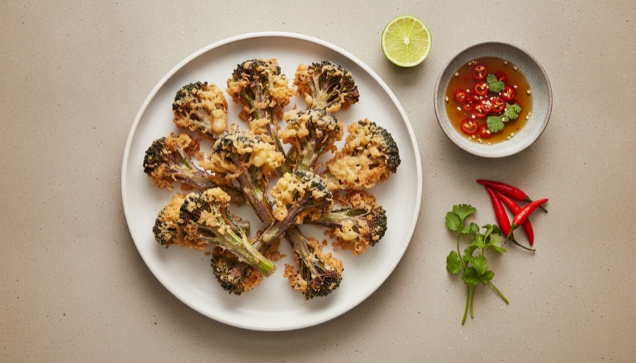 Purple Sprouting Broccoli Tempura with Nuoc Cham