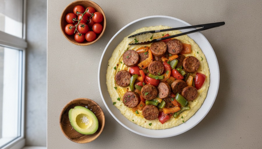 Spicy Sausage and Pepper Skillet with Grits