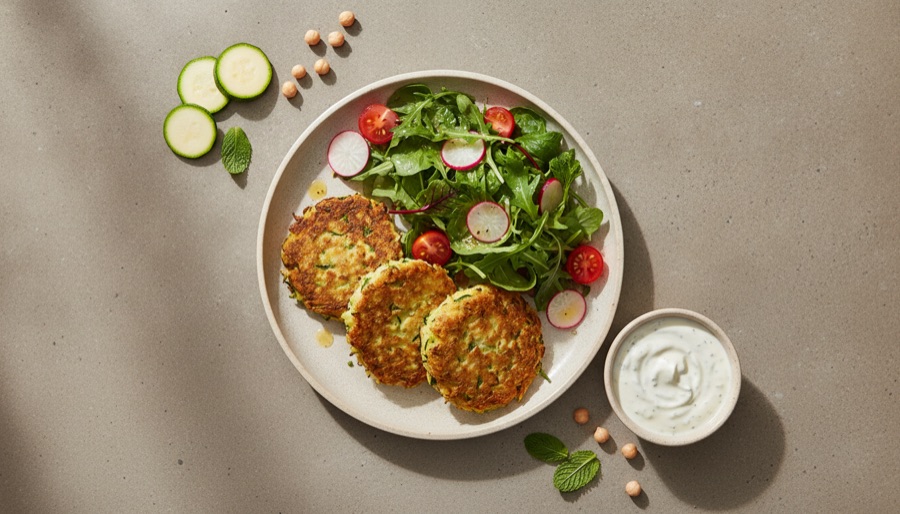 Chickpea and Zucchini Fritters with Salad