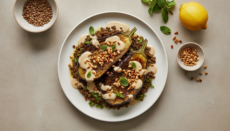 Roasted Eggplant With Tahini, Pine Nuts, and Lentils