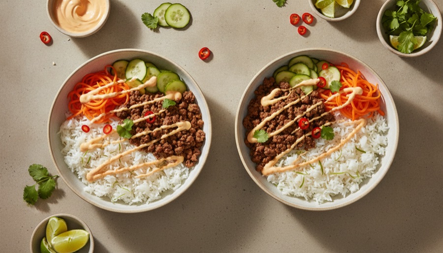 Beef Banh Mi Bowls with Sriracha Mayo, Carrot & Pickled Cucumber