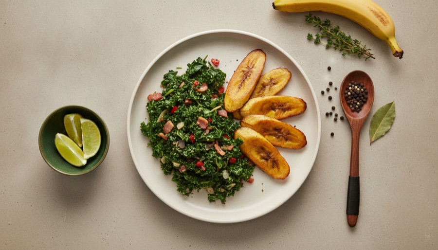 Callaloo Jamaican Style with Fried Plantains