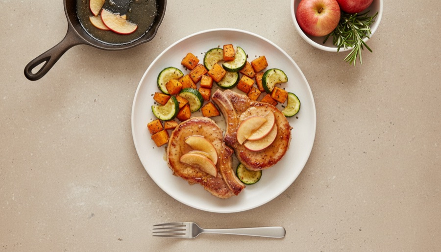 Skillet Apple Pork Chops with Roasted Sweet Potatoes & Zucchini