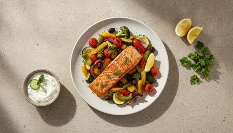 Mediterranean Salmon with Roasted Vegetables