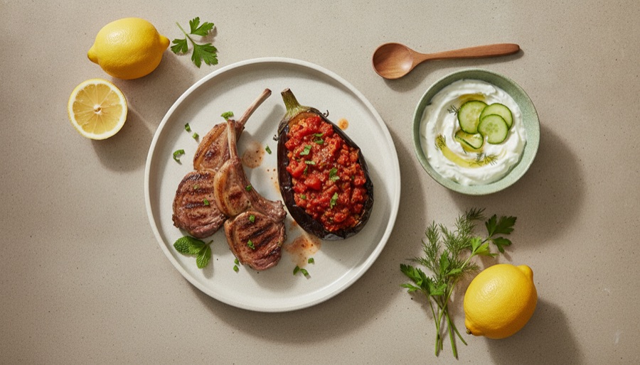 Imam Bayildi with BBQ Lamb & Tzatziki