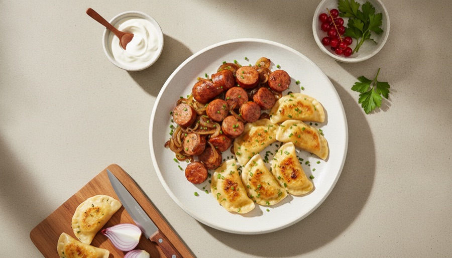 Kielbasa with Pierogies and Onions