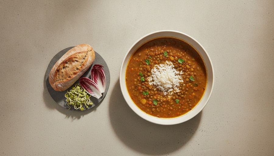 Hearty Lentil Soup with Rice and Bread