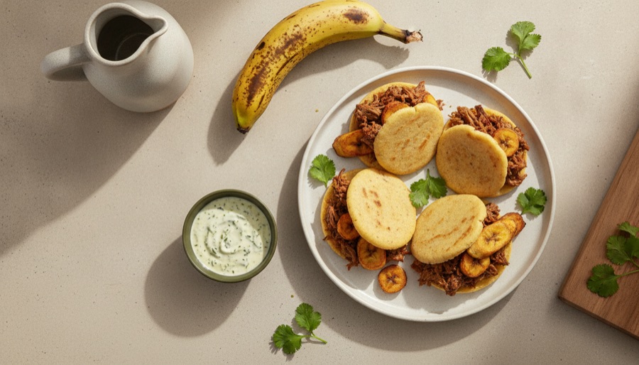 Arepas with Shredded Beef and Plantains