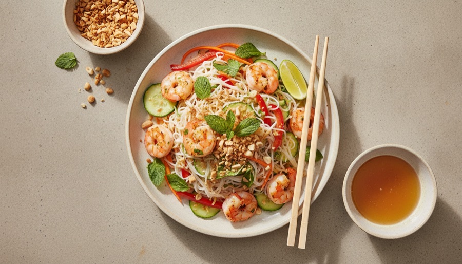 Shrimp & Noodle Salad with Crispy Shallots