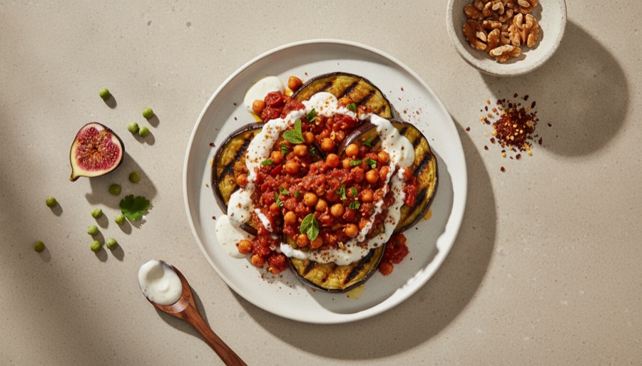Grilled Eggplant with Spicy Chickpeas & Walnut Sauce