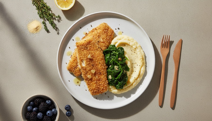 Cornmeal Crusted Tilapia with Grits and Sauteed Spinach