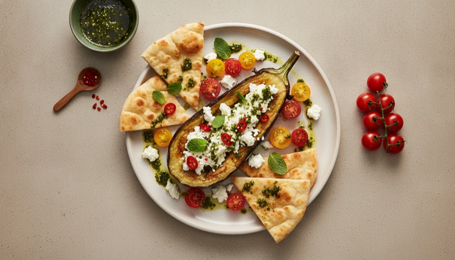 Roast Eggplant with Goat's Cheese & Toasted Flatbread