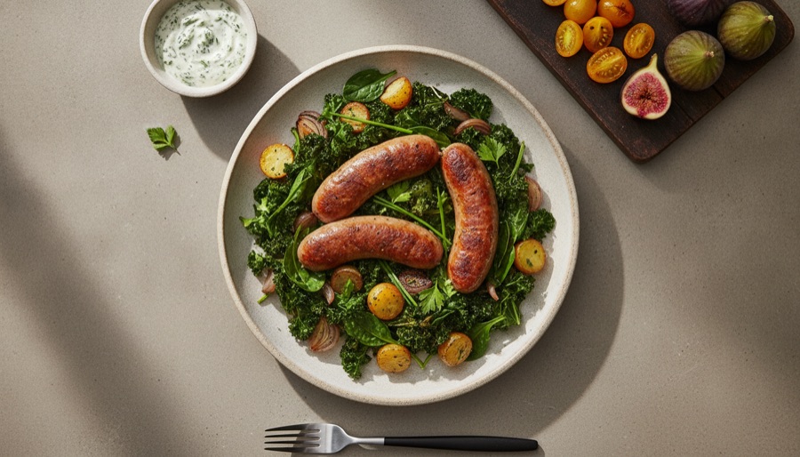 Crispy Sausages and Greens
