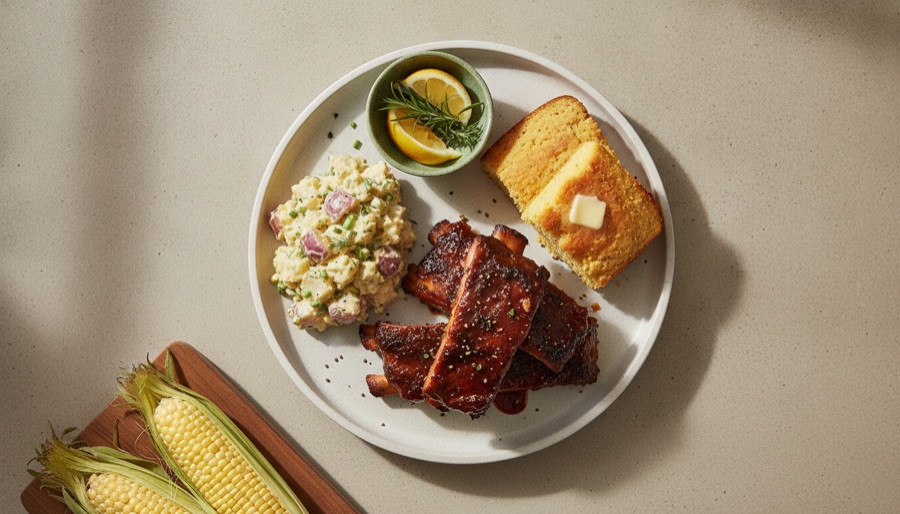 BBQ Ribs with Potato Salad and Cornbread
