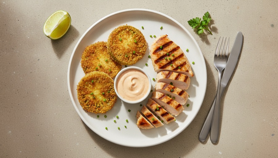 Fried Green Tomatoes with Remoulade Sauce and Grilled Chicken