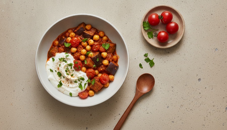 Stovetop Eggplant With Harissa, Chickpeas, and Cumin Yogurt