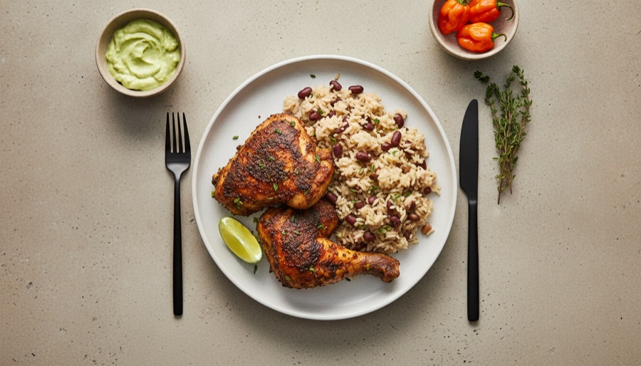 Jerk Chicken with Rice and Peas