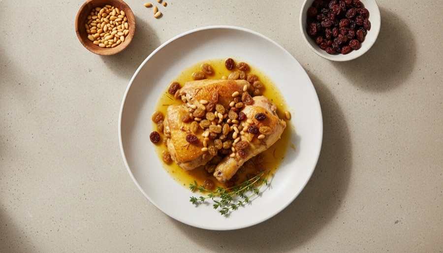 Chicken with Saffron, Raisins & Pine Nuts