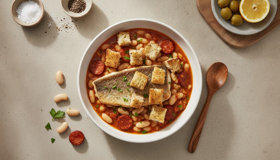 Pan-fried Hake with White Bean & Chorizo Broth