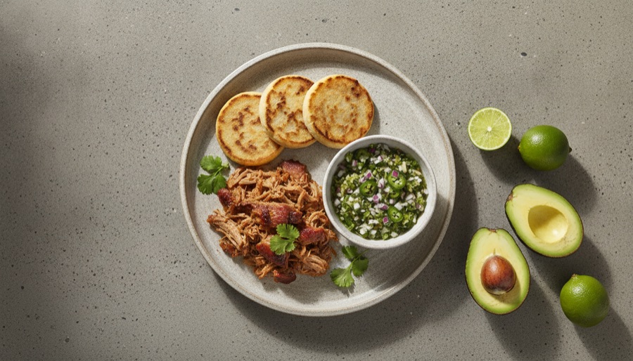 Pork Carnitas with Arepas and Salsa