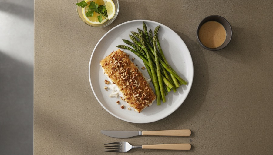 Pecan Crusted Fish with Roasted Asparagus